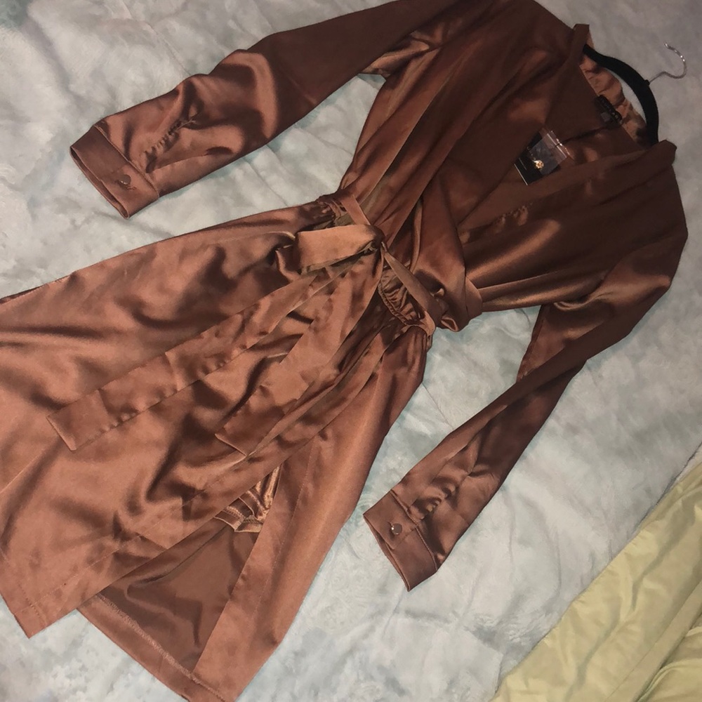 NWT-Bronze Satin Draped + Wrapped Mini Dress